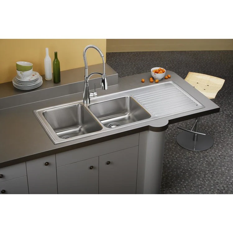 Kitchen Sink Lustertone Classic 54 x 22 Inch Double Bowl Offset with Right Drain Board 2 Hole Lustrous Satin Drop-In - Frankwebs