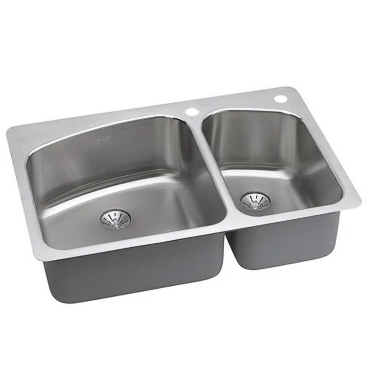 Kitchen Sink Lustertone Classic 33 x 22 Inch Double Bowl 60/40 with Perfect Drain 3 Hole Lustrous Satin Drop-In Stainless Steel Undermount Rear Drain Location Center Sides and Bottom Pads - Frankwebs
