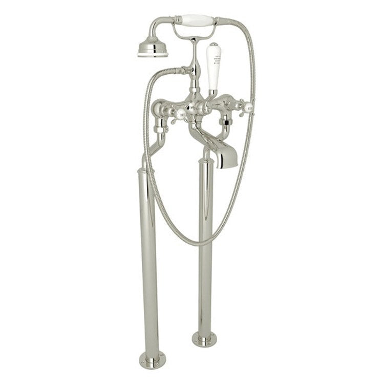 Tub Filler Edwardian Exposed Floor Mount with Handshower 7-7/8 Inch Spread 3 Cross/Lever Polished Nickel - Frankwebs