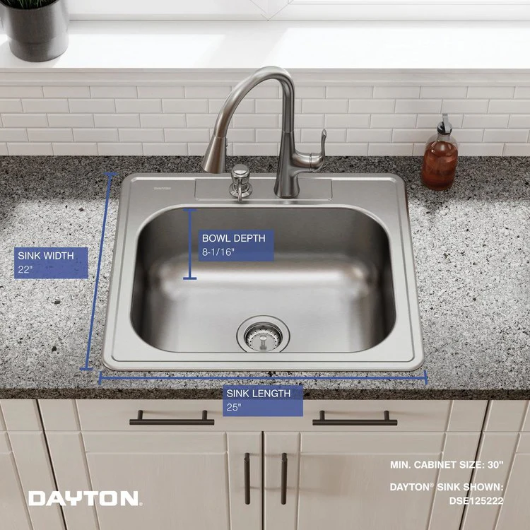 Kitchen Sink Dayton 25 x 22 Inch Single Bowl 2 Hole Elite Satin Drop-In Drain Location Center Bottom Only Pads - Frankwebs