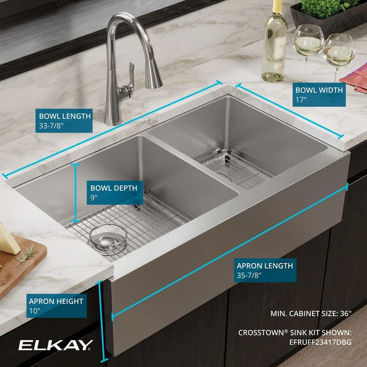 Sink Kit Crosstown Farmhouse 35.875 x 20.25 Inch Double Bowl Polished Satin Two Bottom Grids Two Strainer Drains - Frankwebs