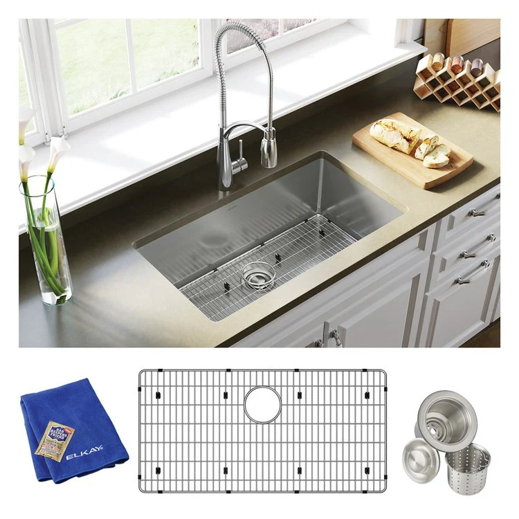 Sink Kit Crosstown 32.5 x 18 Inch Single Bowl Polished Satin Bottom Grid Deep Strainer Drain Cleanser Towel - Frankwebs