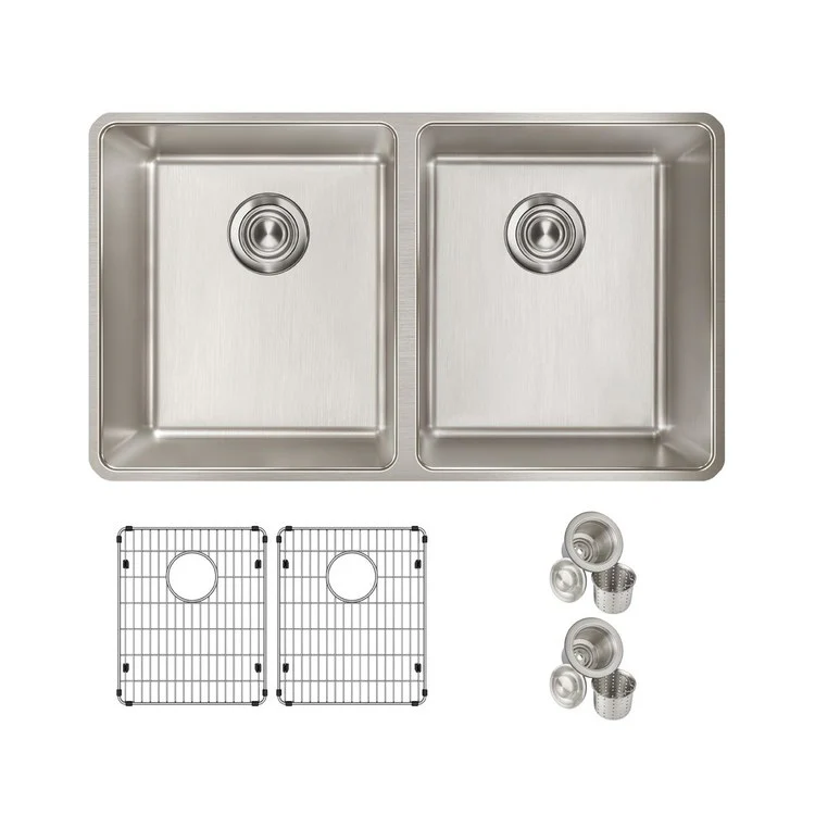 Sink Kit Lustertone Iconix 32.75 x 19.5 Inch Double Bowl Luminous Satin Two EBG1315 Bottom Grids Two LKDD Drain and Strainers - Frankwebs