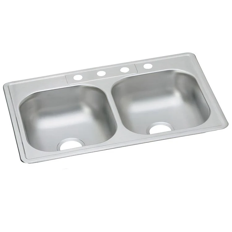 Kitchen Sink Dayton 33 x 22 Inch Double Bowl Equal 4 Hole ADA Satin Drop-In Rectangle Drain Location Center Depth 6-4/7 Inch Multiple of 50 Bottom Only Pads - Frankwebs