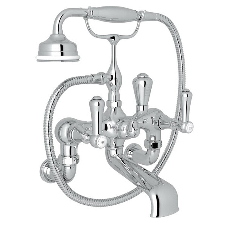 Tub Filler Georgian Era Exposed Wall Mount with Handshower 8 Inch Spread 3 White Porcelain Lever Fixed Spout English Bronze - Frankwebs