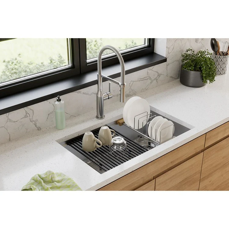 Kitchen Sink 31-1/2 x 18-1/2 Inch 9 Inch 1 Bowl Polished Satin 16 Gauge Rear Right Drain 36 Inch - Frankwebs