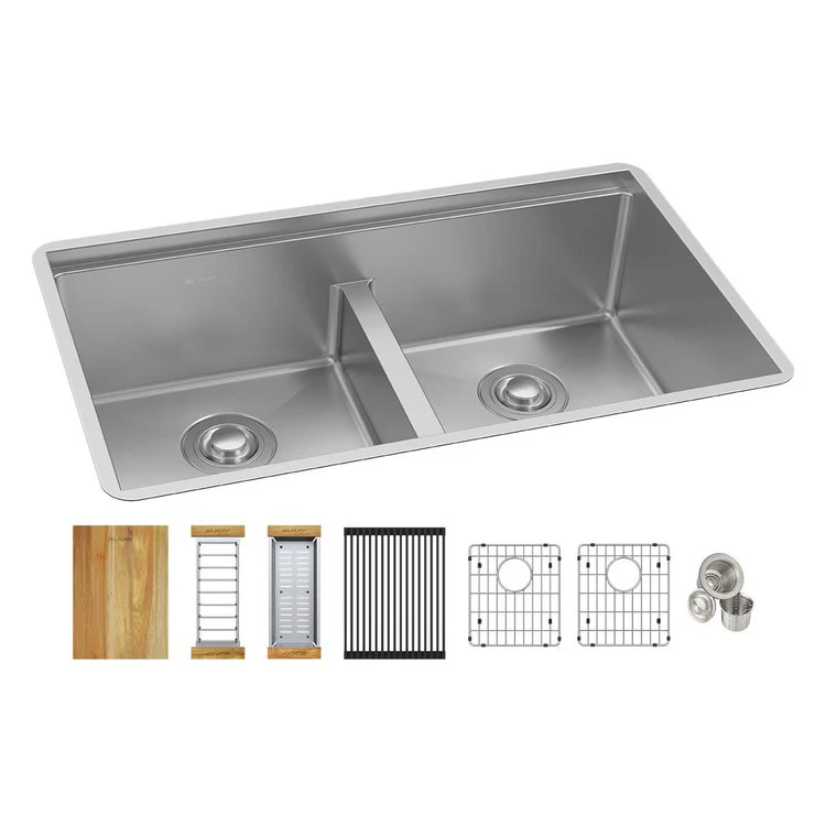 Kitchen Sink Crosstown 31.5 x 18.5 Inch Double Bowl Kit with Aqua Divide Polished Satin Undermount - Frankwebs