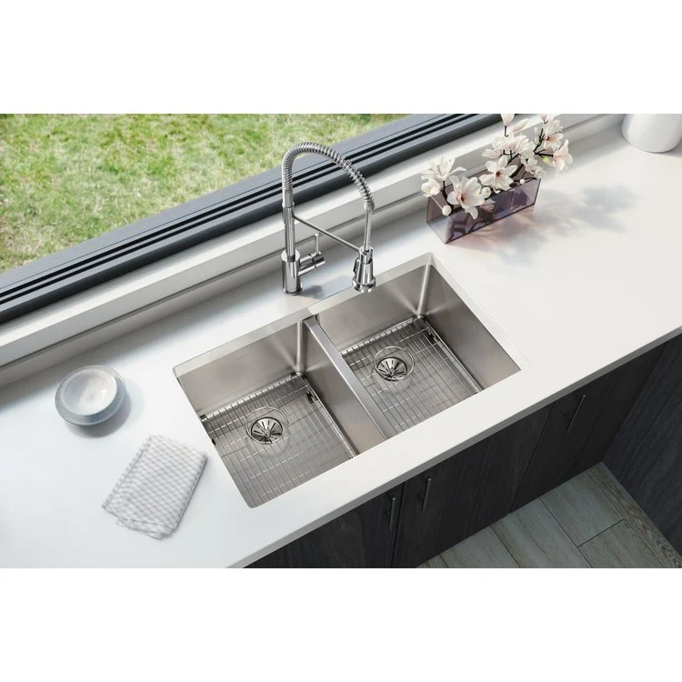 Kitchen Sink Lustertone Iconix 32.75 x 19.5 Inch Double Bowl Kit with Perfect Drain Luminous Satin Undermount - Frankwebs