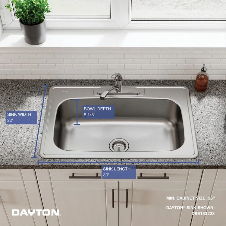 Kitchen Sink Dayton 33 x 22 Inch Single Bowl Equal 3 Hole Elite Satin Drop-In Drain Location Center Bottom Only Pads - Frankwebs