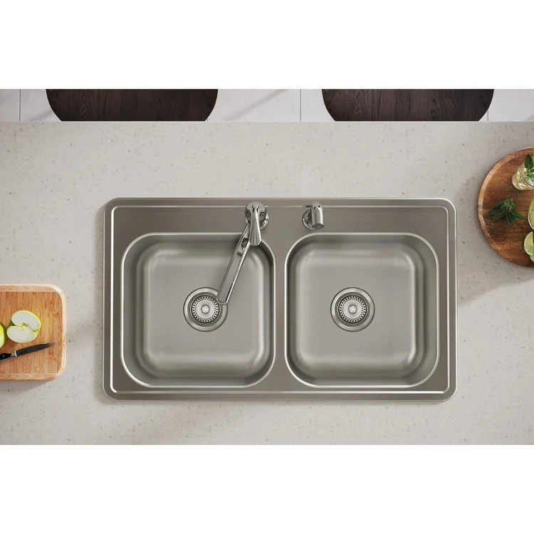 Kitchen Sink Dayton 33 x 19 Inch Double Bowl Equal 2 Hole ADA Satin Drop-In Rectangle Drain Location Center Depth 6-4/9 Inch Bottom Only Pads - Frankwebs