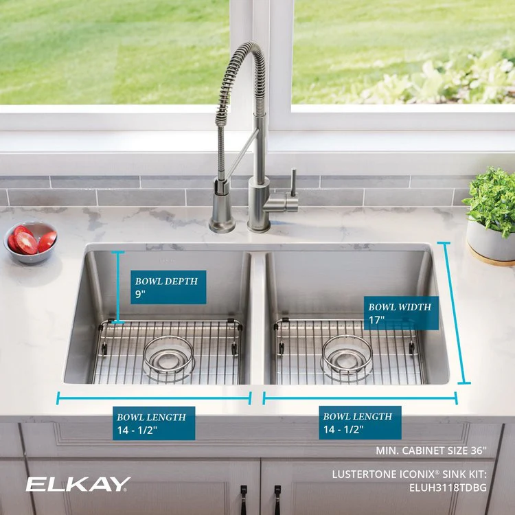 Sink Kit Lustertone Iconix 32.75 x 19.5 Inch Double Bowl Luminous Satin Two EBG1315 Bottom Grids Two LKDD Drain and Strainers - Frankwebs