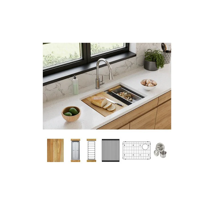 Sink Kit Crosstown Workstation 25.5 x 18.5 Inch Single Bowl Polished Satin Bottom Grid Colander Cutting Board Two Drying Racks Drain Highest Quality 18-Gauge Thickness and 304 Stainless Steel for Lasting Durability and Performance - Frankwebs