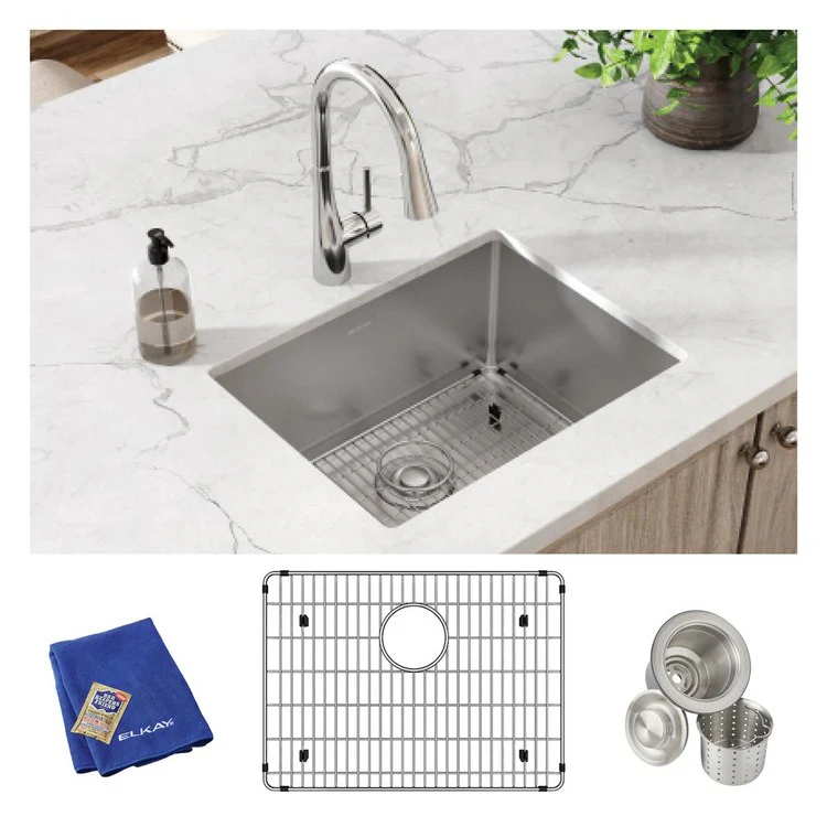 Sink Kit Crosstown 23.5 x 18.25 Inch Single Bowl Polished Satin Bottom Grid Strainer Drain Cleanser Towel Cloth Bag 8 Inch - Frankwebs