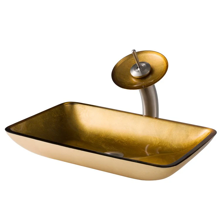 Rectangular Gold Glass Bathroom Vessel Sink and Waterfall Faucet Combo Set with Disk and Pop-Up Drain - Frankwebs