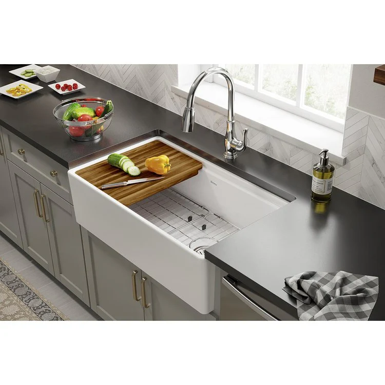 Kitchen Sink Fireclay 33 x 19 Inch Single Bowl Kit Apron Front White Farmhouse Front Drain Location Right Workstation - Frankwebs