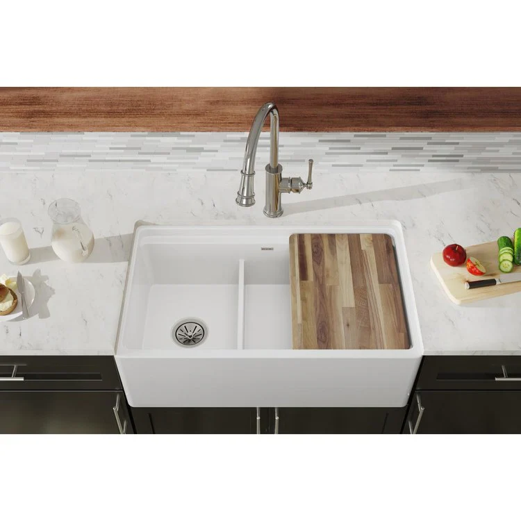 Kitchen Sink Fireclay 33 x 20 Inch Double Bowl 60/40 with Aqua Divide Apron Front White Farmhouse Drain Location Center Workstation - Frankwebs