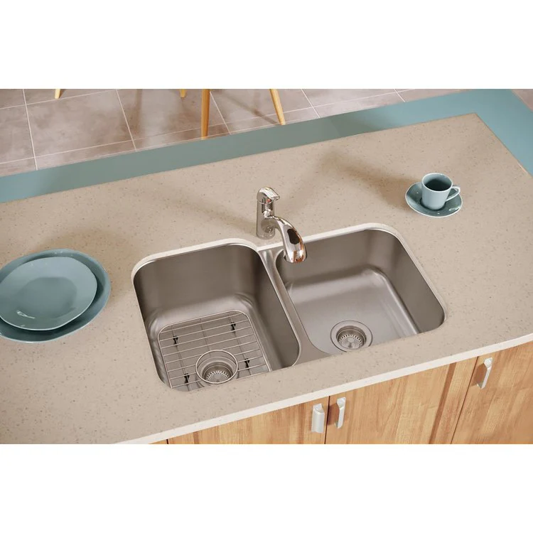 Kitchen Sink Dayton 31.75 x 20.5 Inch Double Bowl Offset Kit with Faucet & Bottom Grid Radiant Satin Undermount - Frankwebs
