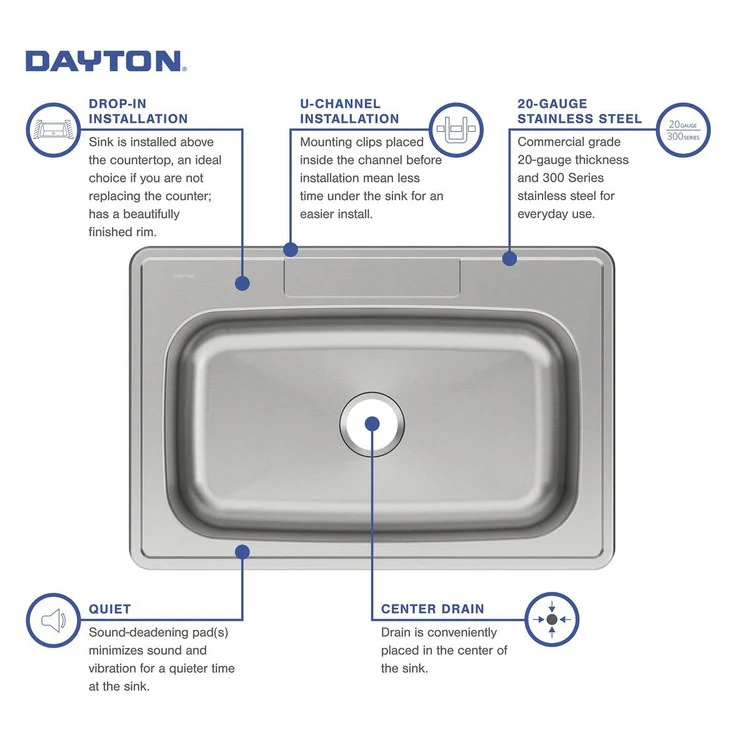 Kitchen Sink Dayton 33 x 22 Inch Single Bowl Equal Elite Satin Drop-In Drain Location Center Bottom Only Pads - Frankwebs