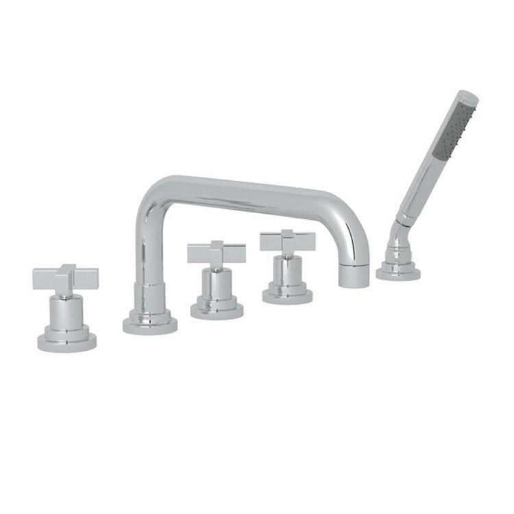 Tub Filler Lombardia Deck Mount with Handshower 3 Cross U-Spout Unlacquered Brass - Frankwebs