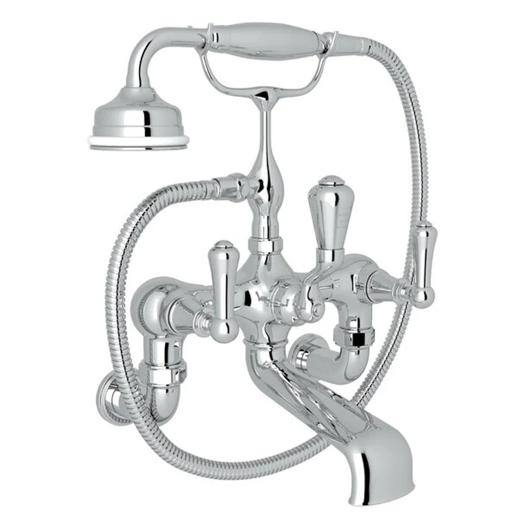 Tub Filler Georgian Era Exposed Wall Mount with Handshower 8 Inch Spread 3 Lever Fixed Spout English Gold - Frankwebs