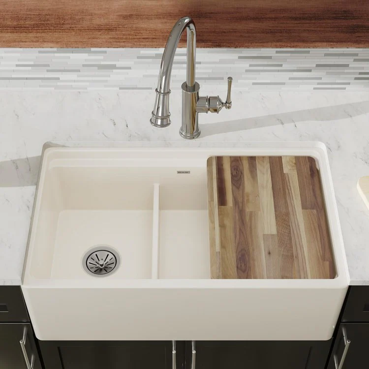 Kitchen Sink Fireclay 33 x 20 Inch Double Bowl 60/40 with Aqua Divide Apron Front Biscuit Farmhouse Drain Location Center Workstation - Frankwebs