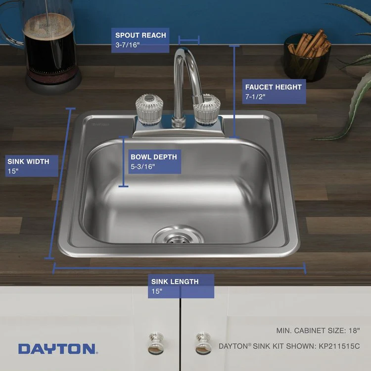 Bar Sink Kingsford 15 x 15 Inch Single Bowl Faucet Kit with Drain Opening 2 Hole Satin Drop-In Square Drain Size 2 Inch - Frankwebs