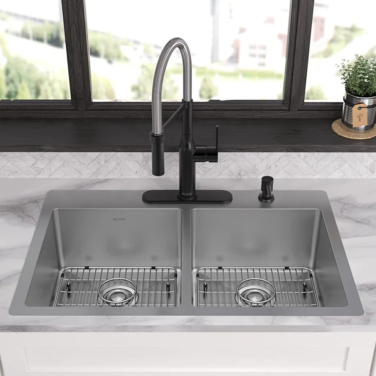 Kitchen Sink Crosstown 33 x 22 Inch Double Bowl Equal Kit 4 Hole Polished Satin Drop-In Undermount - Frankwebs