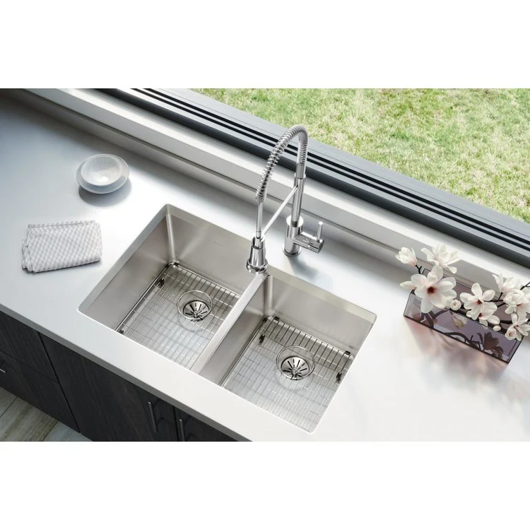 Sink Kit Lustertone Iconix Right Perfect Drain 31.25 x 20.5 Inch Double Bowl Luminous Satin One EBG1216 Bottom Grid One EBG1214 Bottom Grid Two LKPD1 Perfect Drain and Strainers - Frankwebs