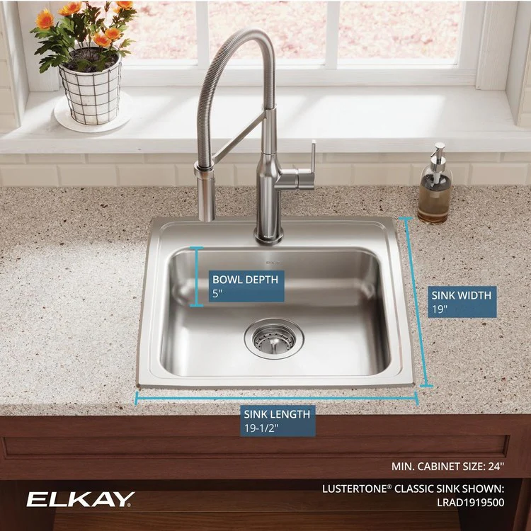 Kitchen Sink Lustertone Classic 19.5 x 19 Inch Single Bowl ADA Lustrous Satin Drop-In Rectangle Drain Location Rear Center Depth 5 Inch Bottom Only Pads - Frankwebs