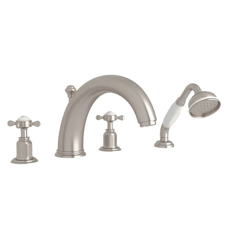 Tub Filler Edwardian Deck Mount with Handshower 2 Cross Fixed Spout Satin Nickel - Frankwebs