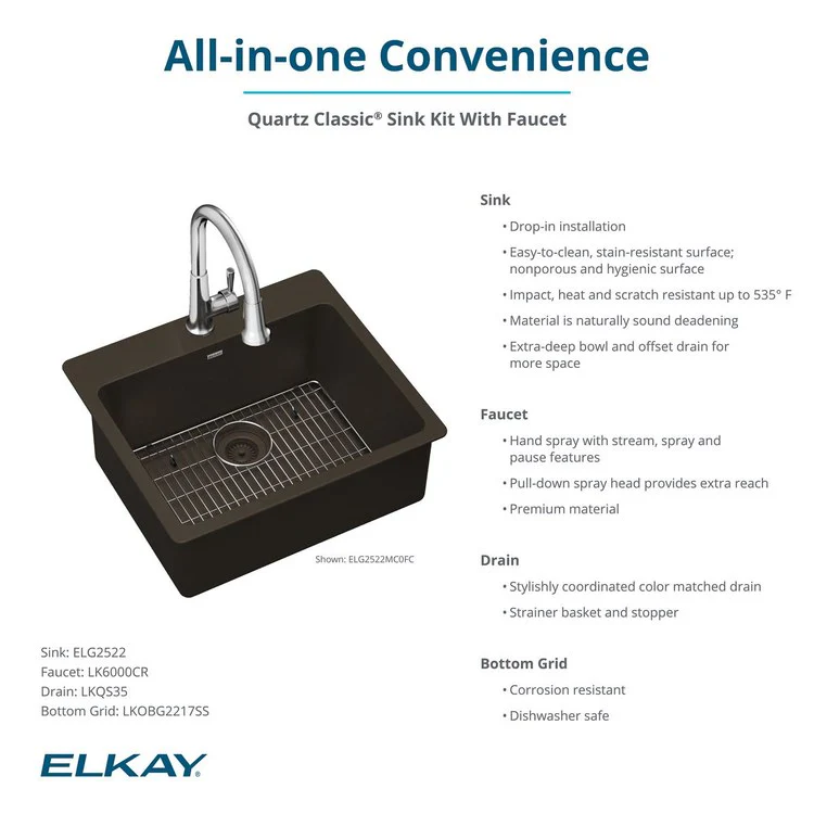 Kitchen Sink Quartz Classic 25 x 22 Inch Single Bowl Sink Kit with Faucet White Drop-In - Frankwebs