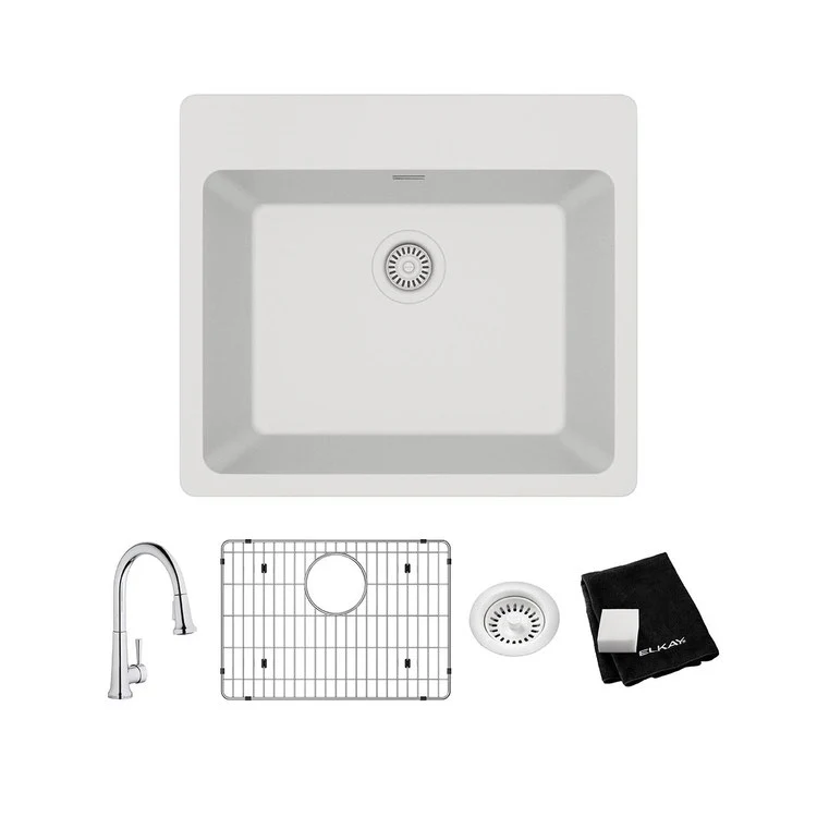 Kitchen Sink Quartz Classic 25 x 22 Inch Single Bowl Sink Kit with Faucet White Drop-In - Frankwebs