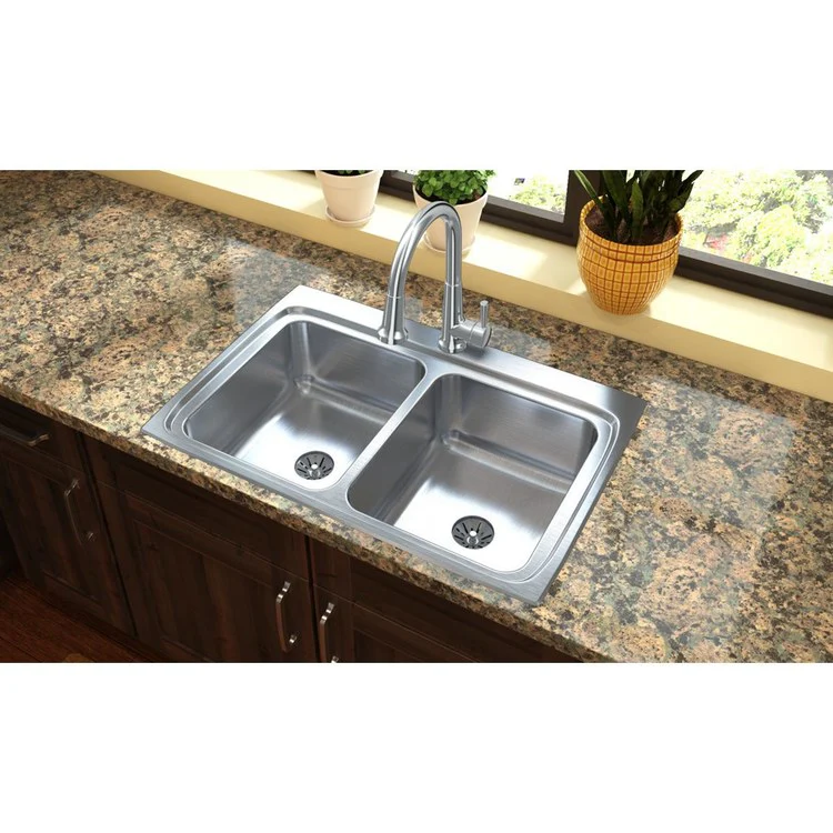 Kitchen Sink Lustertone Classic 33 x 22 Inch Double Bowl Equal with Perfect Drain MR2 Hole Lustertone Top Mount Stainless Steel Drain Location Center Side and Bottom Pads - Frankwebs