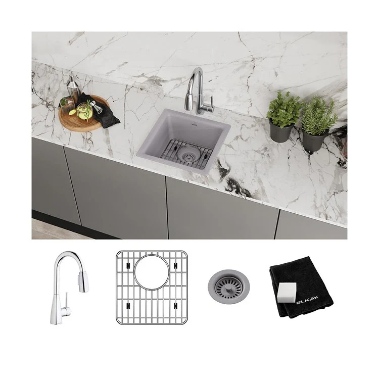 Kitchen Sink Quartz Classic 16 x 16 Inch Single Bowl Bar Kit with Faucet Greystone Drop-In Undermount - Frankwebs