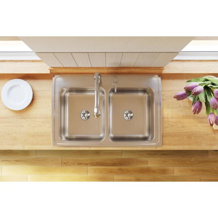 Kitchen Sink Lustertone Classic 33 x 22 Inch Double Bowl Equal with Perfect Drain 5 Hole Lustrous Satin Drop-In 10-1/8 Inch - Frankwebs