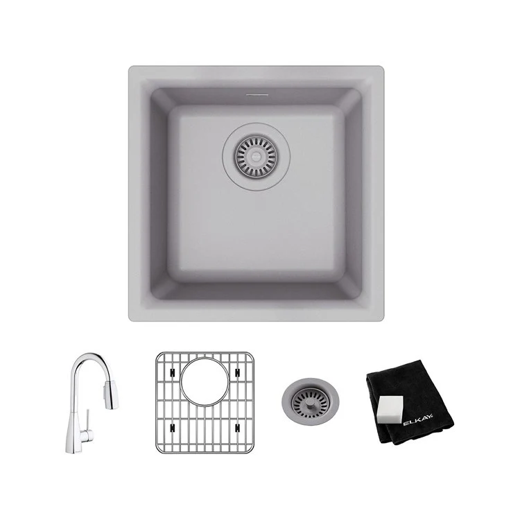 Kitchen Sink Quartz Classic 16 x 16 Inch Single Bowl Bar Kit with Faucet Greystone Drop-In Undermount - Frankwebs
