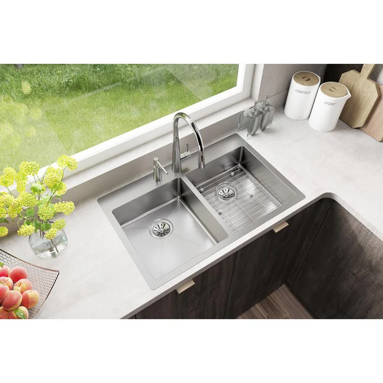 Kitchen Sink Crosstown 33 x 22 Inch Double Bowl Equal Kit 5 Hole ADA Polished Satin Drop-In Undermount Rectangle Drain Location Rear Center Depth 6 Inch Sound Guard Slim Rim - Frankwebs
