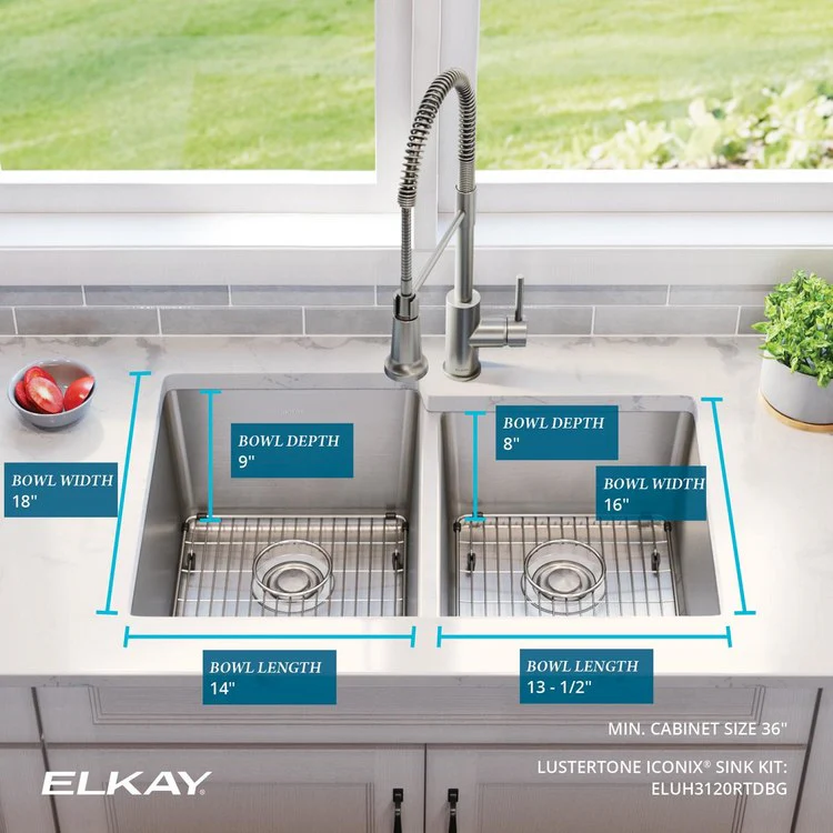 Sink Kit Lustertone Iconix Right Small Bowl 31.25 x 20.5 Inch Double Bowl Luminous Satin One EBG1216 Bottom Grid One EBG1214 Bottom Grid Two LKDD Drain and Strainers - Frankwebs