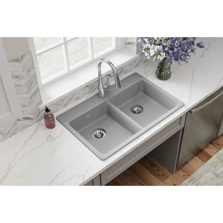 Kitchen Sink Quartz Classic 33 x 22 Inch Double Bowl with Perfect Drain ADA Greystone Drop-In Rectangle Drain Location Rear Center Depth 5-1/2 Inch - Frankwebs