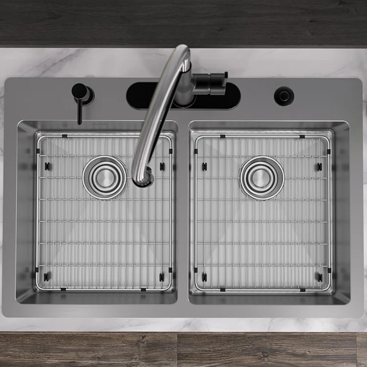 Kitchen Sink Crosstown 33 x 22 Inch Double Bowl Equal Kit 5 Hole ADA Polished Satin Drop-In Undermount Rectangle Drain Location Rear Center Depth 6 Inch Sound Guard Slim Rim - Frankwebs