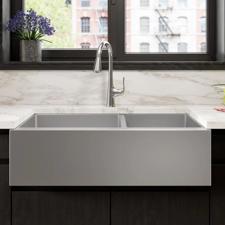 Sink Kit Crosstown Farmhouse 35.875 x 20.25 Inch Double Bowl Polished Satin Two Bottom Grids Two Strainer Drains - Frankwebs