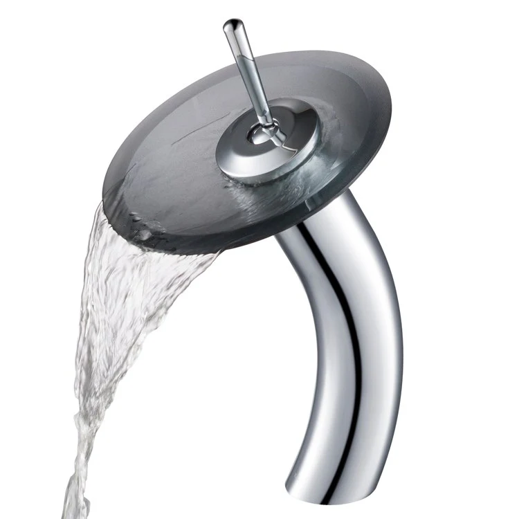Tall Waterfall Bathroom Faucet for Vessel Sink with Frosted Black Glass Disk - Frankwebs
