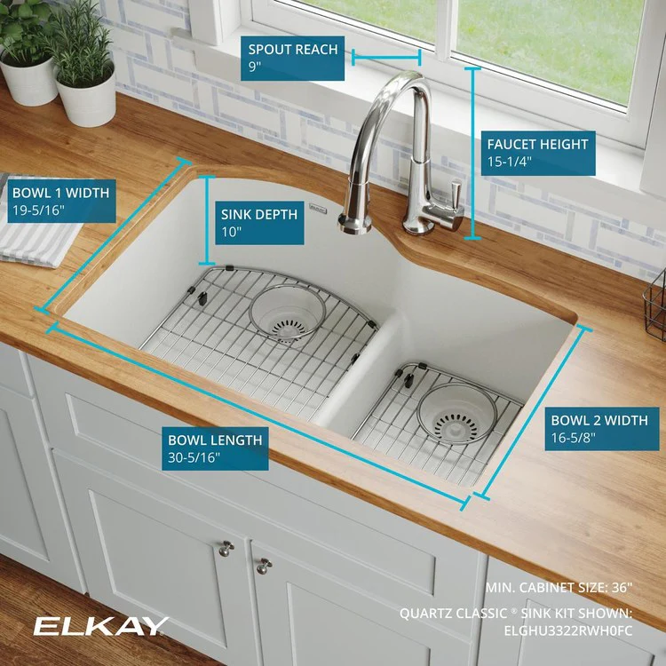 Kitchen Sink Quartz Classic 33 x 22 Inch Double Bowl Offset 60/40 Kit with Faucet & Aqua Divide Black Undermount - Frankwebs