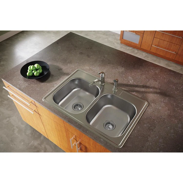 Kitchen Sink Dayton 33 x 22 Inch Double Bowl Equal 2 Hole Elite Satin Drop-In Drain Location Center Multiple of 40 Bottom Only Pads - Frankwebs