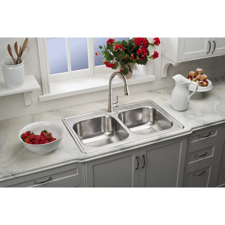 Kitchen Sink Dayton 33 x 22 Inch Double Bowl Equal 4 Hole Elite Satin Drop-In Drain Location Center Multiple of 40 Bottom Only Pads - Frankwebs