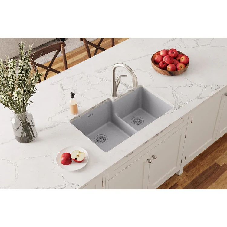 Kitchen Sink Quartz Classic 33 x 20.5 Inch Double Bowl Offset 60/40 with Aqua Divide Greystone Undermount - Frankwebs