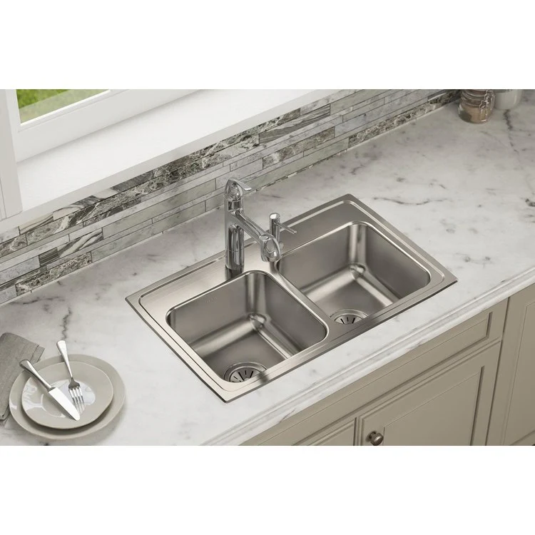Kitchen Sink Lustertone Classic 29 x 18 Inch Double Bowl Equal 5 Hole Lustrous Satin Drop-In Stainless Steel Drain Location Center Bottom Only Pads - Frankwebs