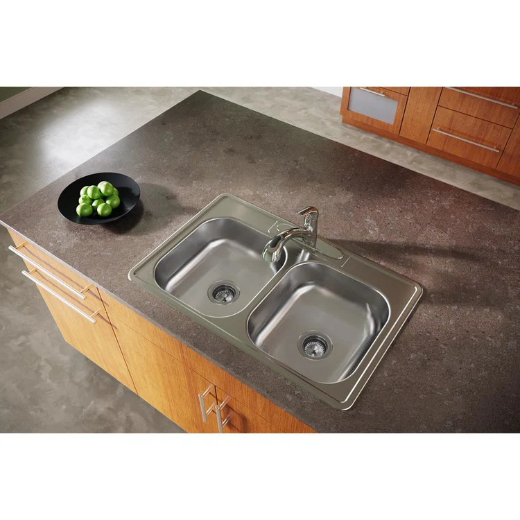 Kitchen Sink Dayton 33 x 21.25 Inch Double Bowl Equal 5 Hole ADA Satin Top Mount Rectangle Drain Location Center Depth 6-4/7 Inch Bottom Only Spray - Frankwebs