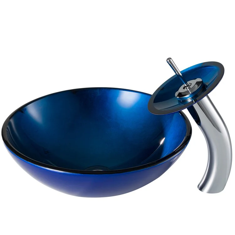 Irruption Blue Glass Bathroom Vessel Sink and Waterfall Faucet Combo Set with Disk and Pop-Up Drain - Frankwebs