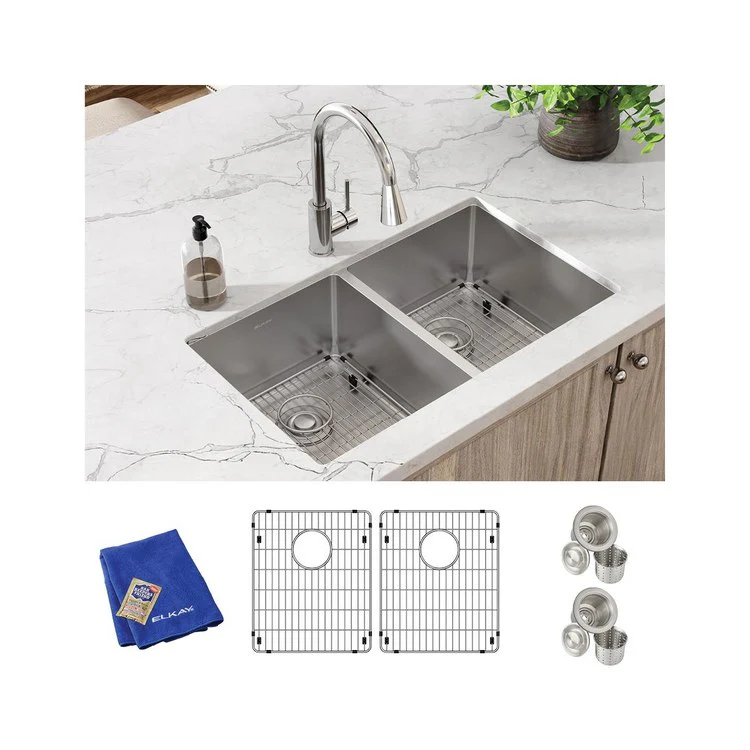 Sink Kit Crosstown 31.5 x 18.5 Inch Double Bowl Polished Satin Two Bottom Grids Two Deep Strainer Drains Cleanser Towel - Frankwebs